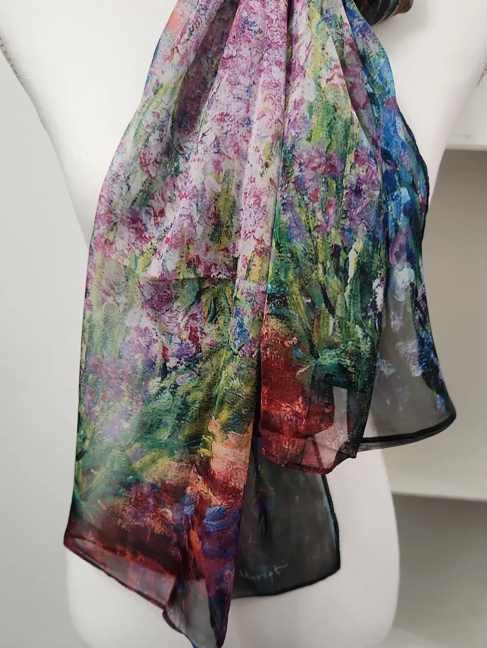 Galleria Claude Monet Garden Gloral Art Scarf French Impressionist Silk Feel